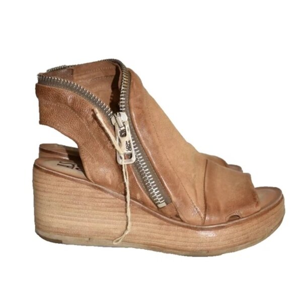 $370 A.S.98 Naylor Platform Wedge Sandal CAMEL LEATHER ZIPPER MOTO 37 (MG7) - Picture 2 of 7